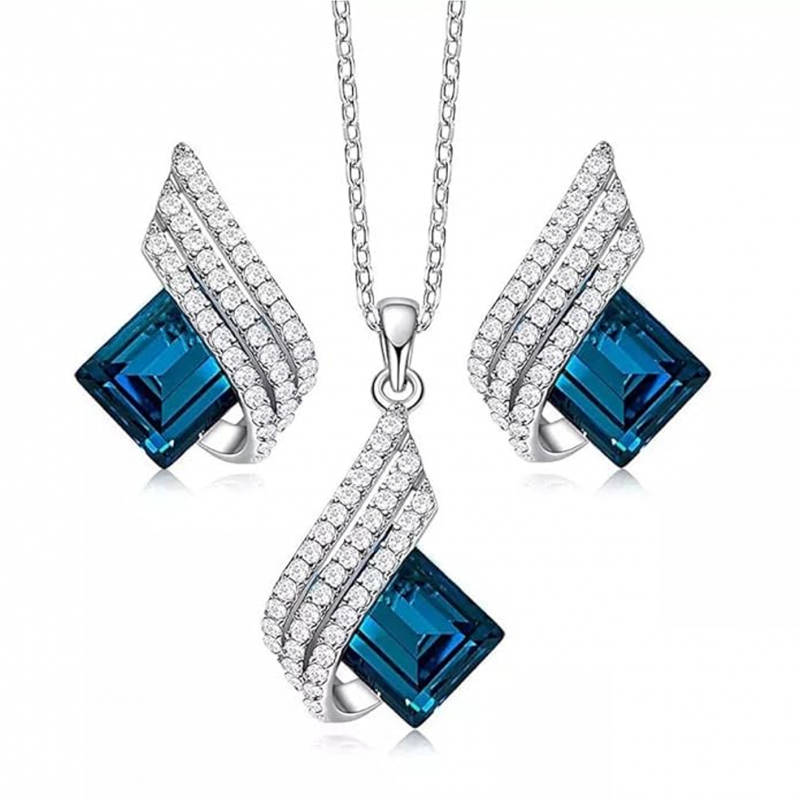 Eye Catchy Stone Rhodium Silver Chain Pendant Necklace Set For Girls & Women