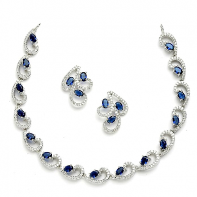 Rhodium-Plated with Silver-Toned White Cubic Zirconia & American Diamond studded Necklace and Drop Earrings Jewellery Set for women