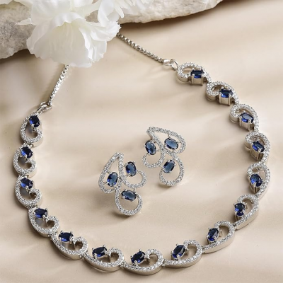 Rhodium-Plated with Silver-Toned White Cubic Zirconia & American Diamond studded Necklace and Drop Earrings Jewellery Set for women